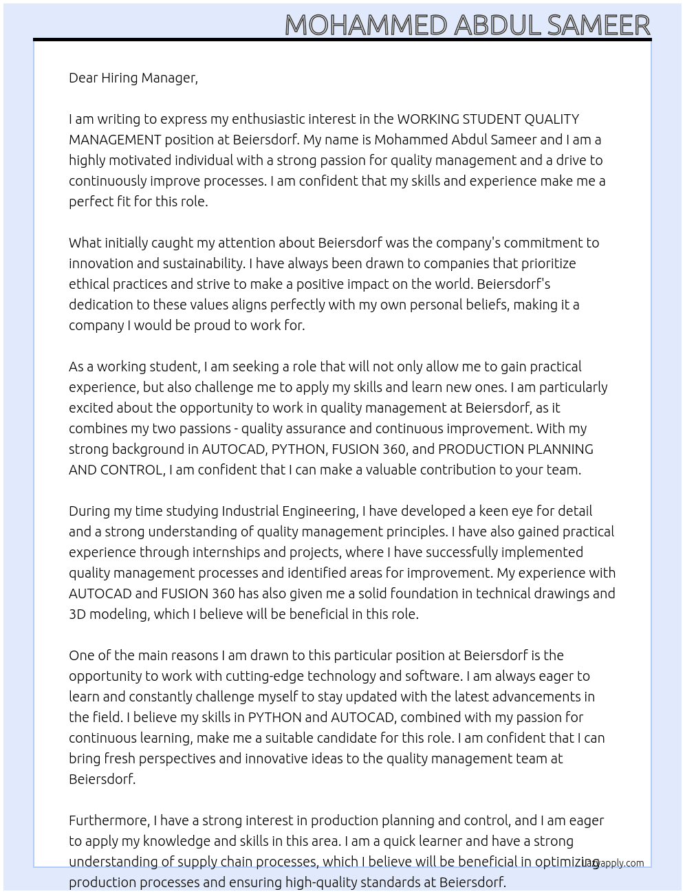 WORKING STUDENT QUALITY MANAGEMENT At beiersdorf Cover Letter