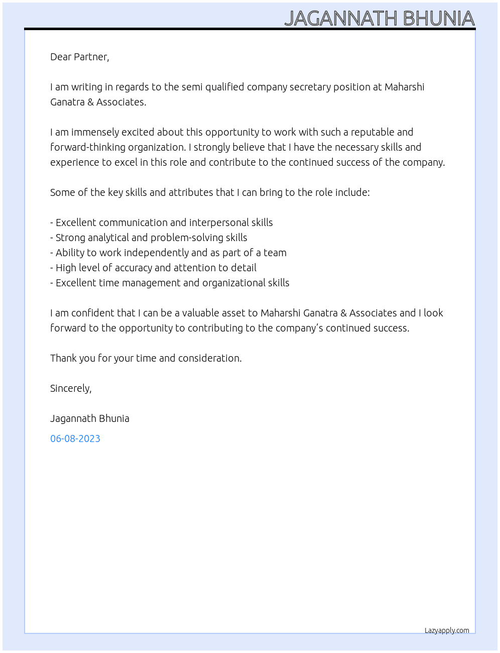 semi qualified company secretary At Maharshi Ganatra & Associates Cover Letter
