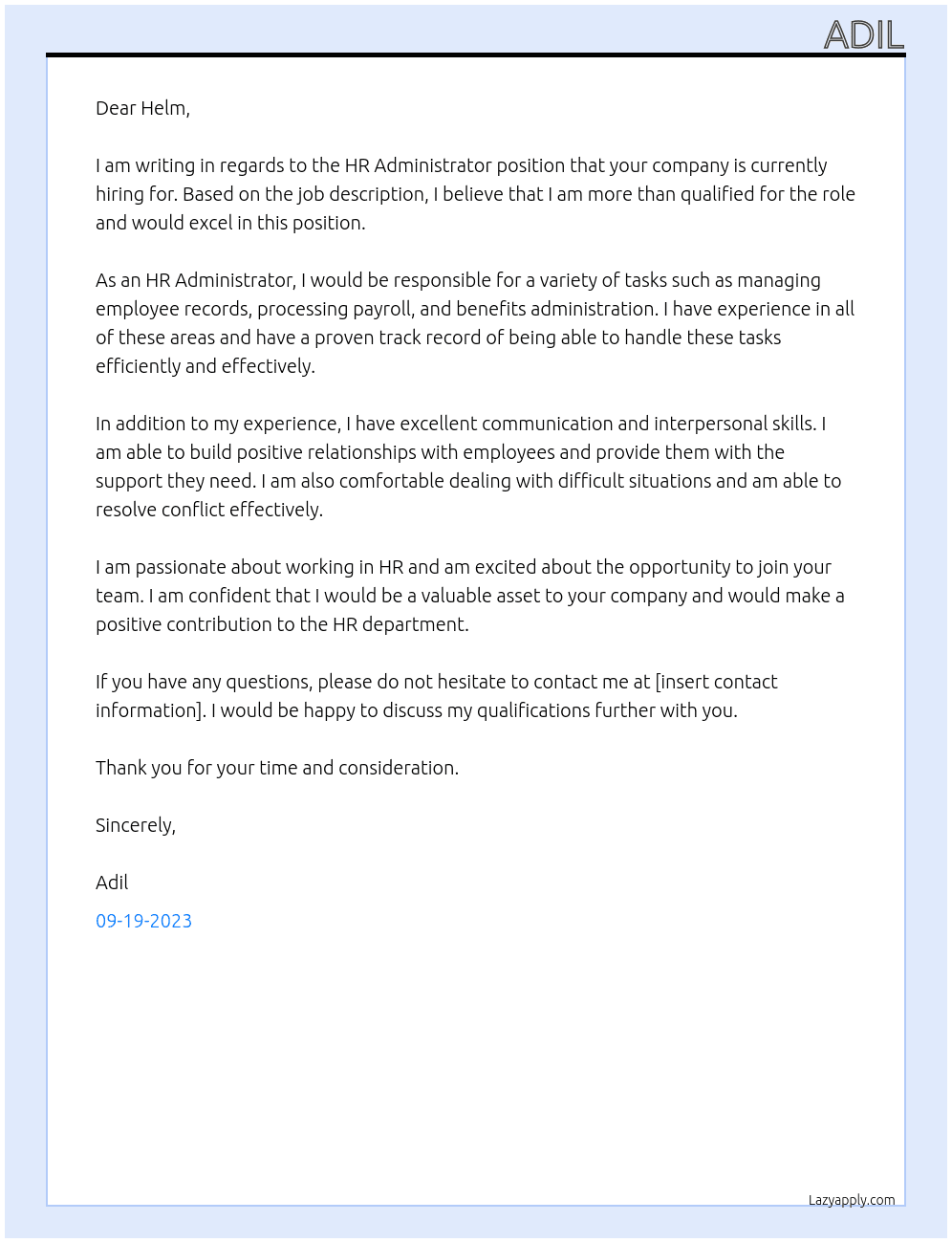 HR Administrator  At Helm Care Servcies  Cover Letter
