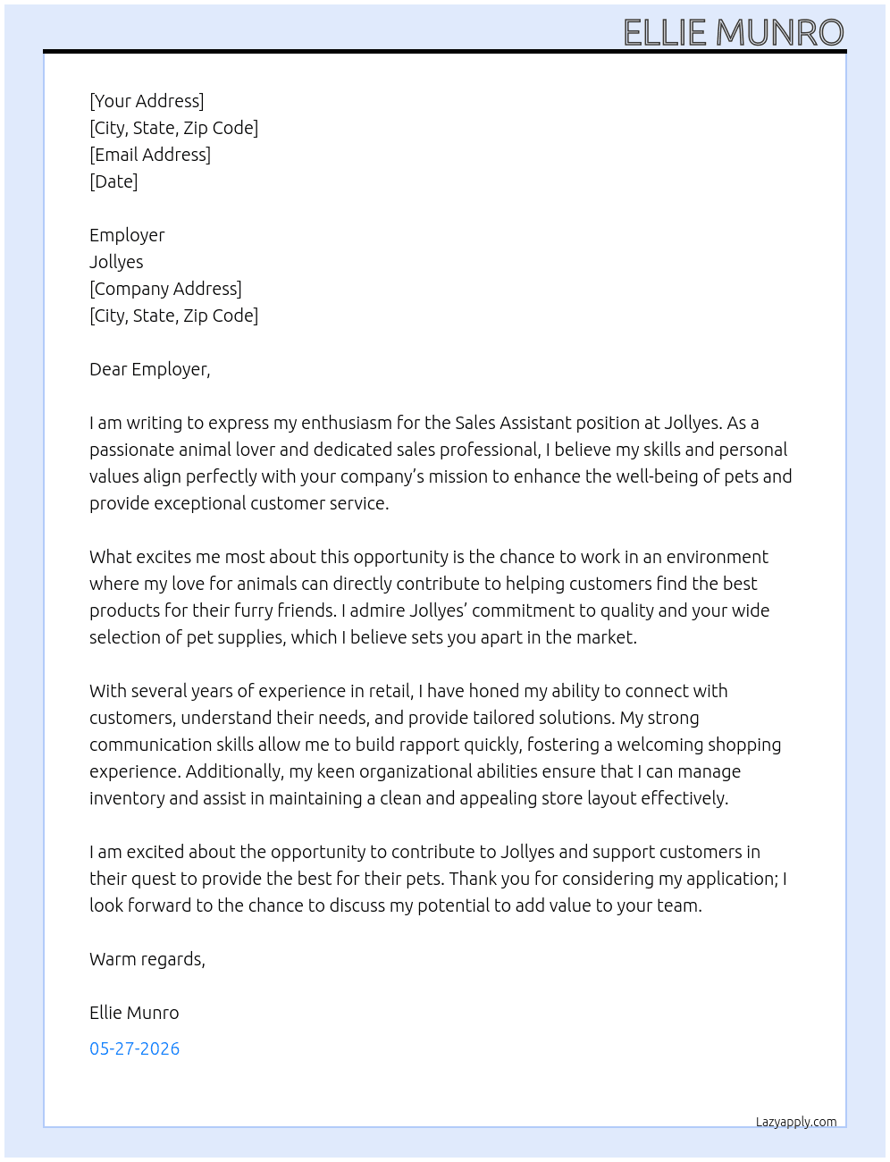 sales assistant At jollyes Cover Letter