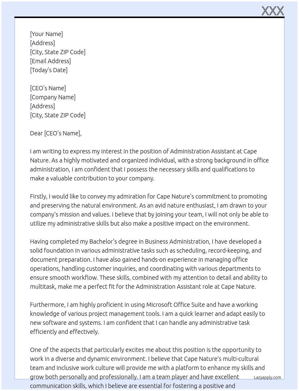Administration assistant At Cape Nature Cover Letter