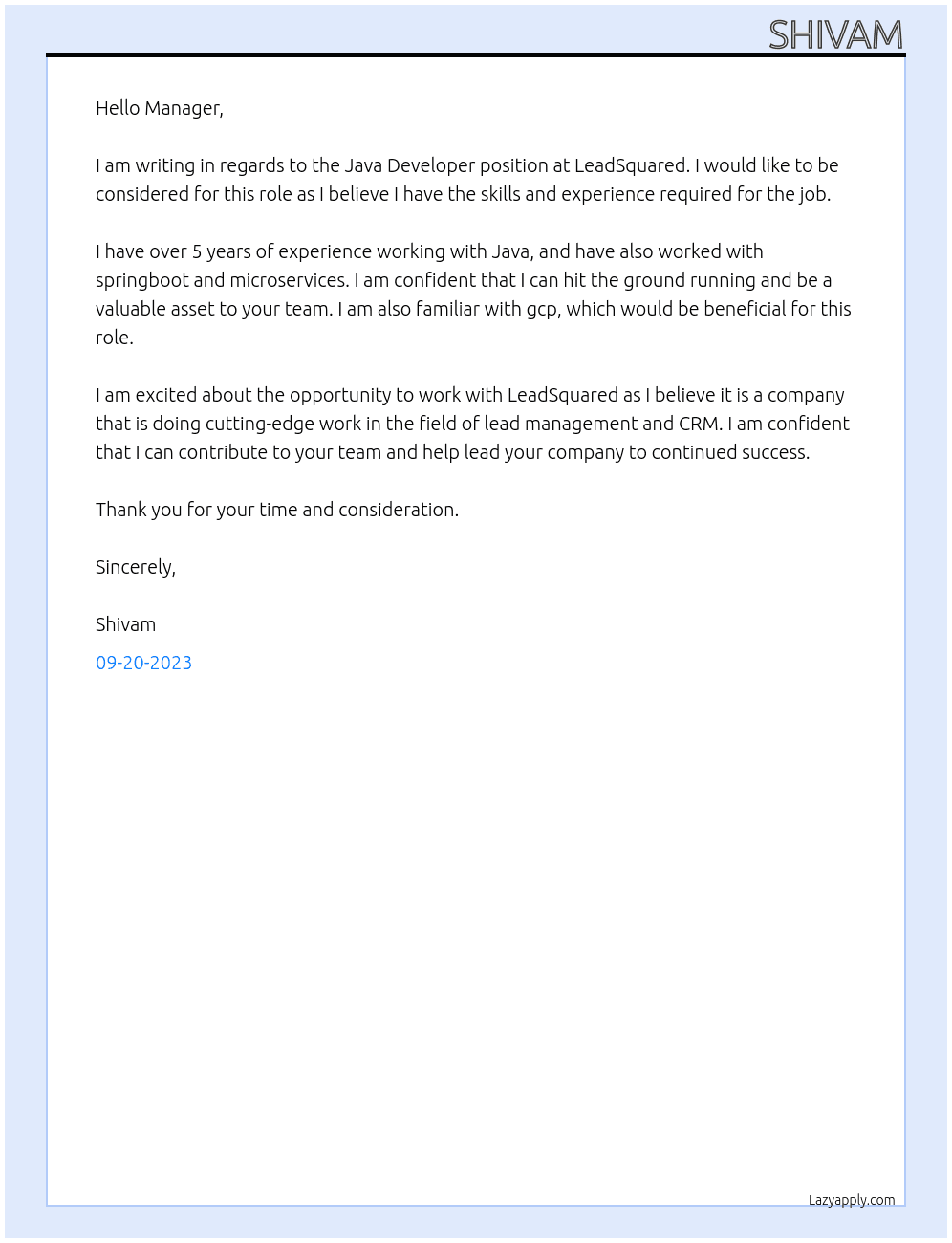Java Developer  At LeadSquared Cover Letter