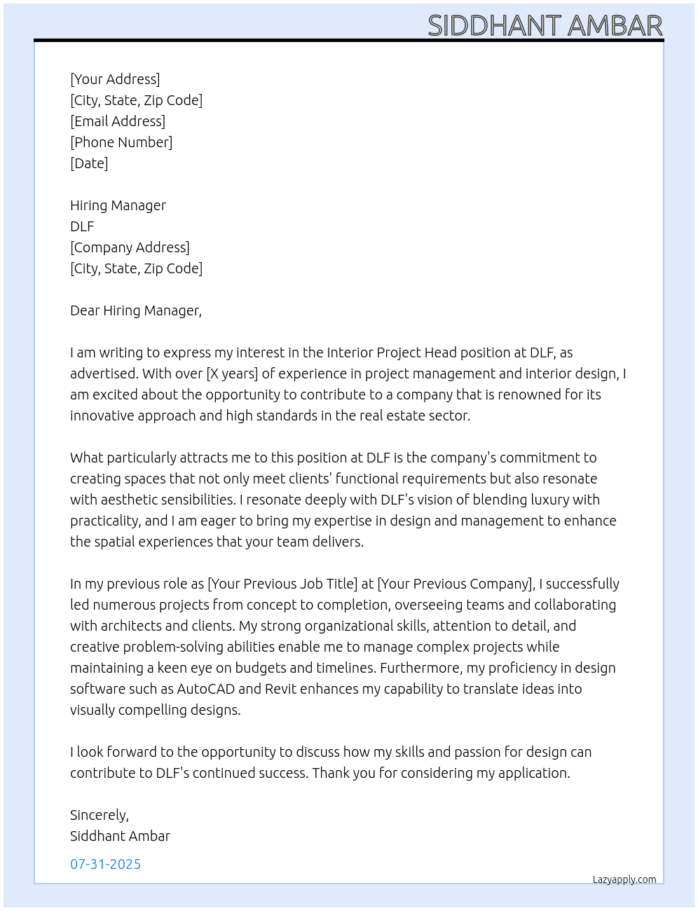 Interior project head At DLF Cover Letter