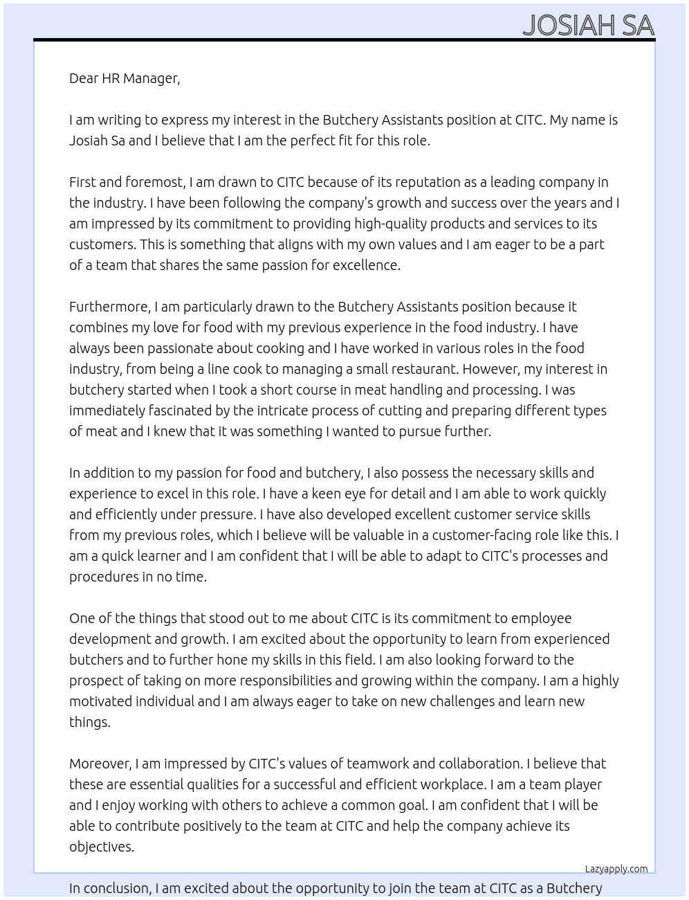 Butchery Assistants At CITC Cover Letter