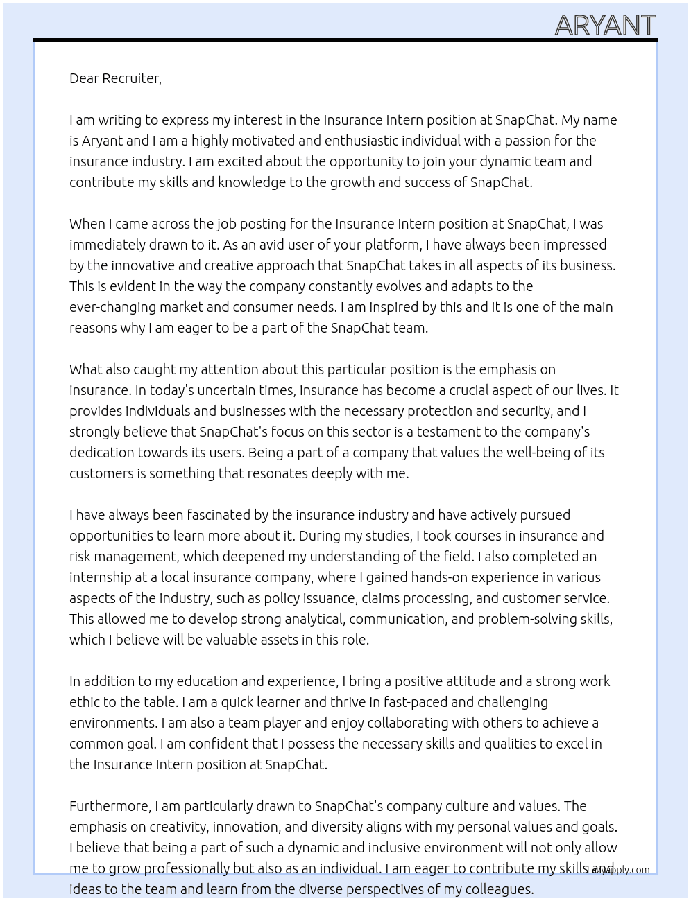 Insurance Intern At SnapChat Cover Letter