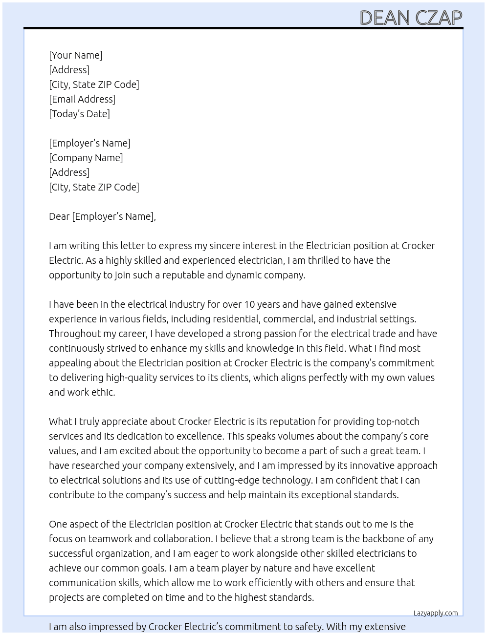 Electrician  At Crocker Electric Cover Letter