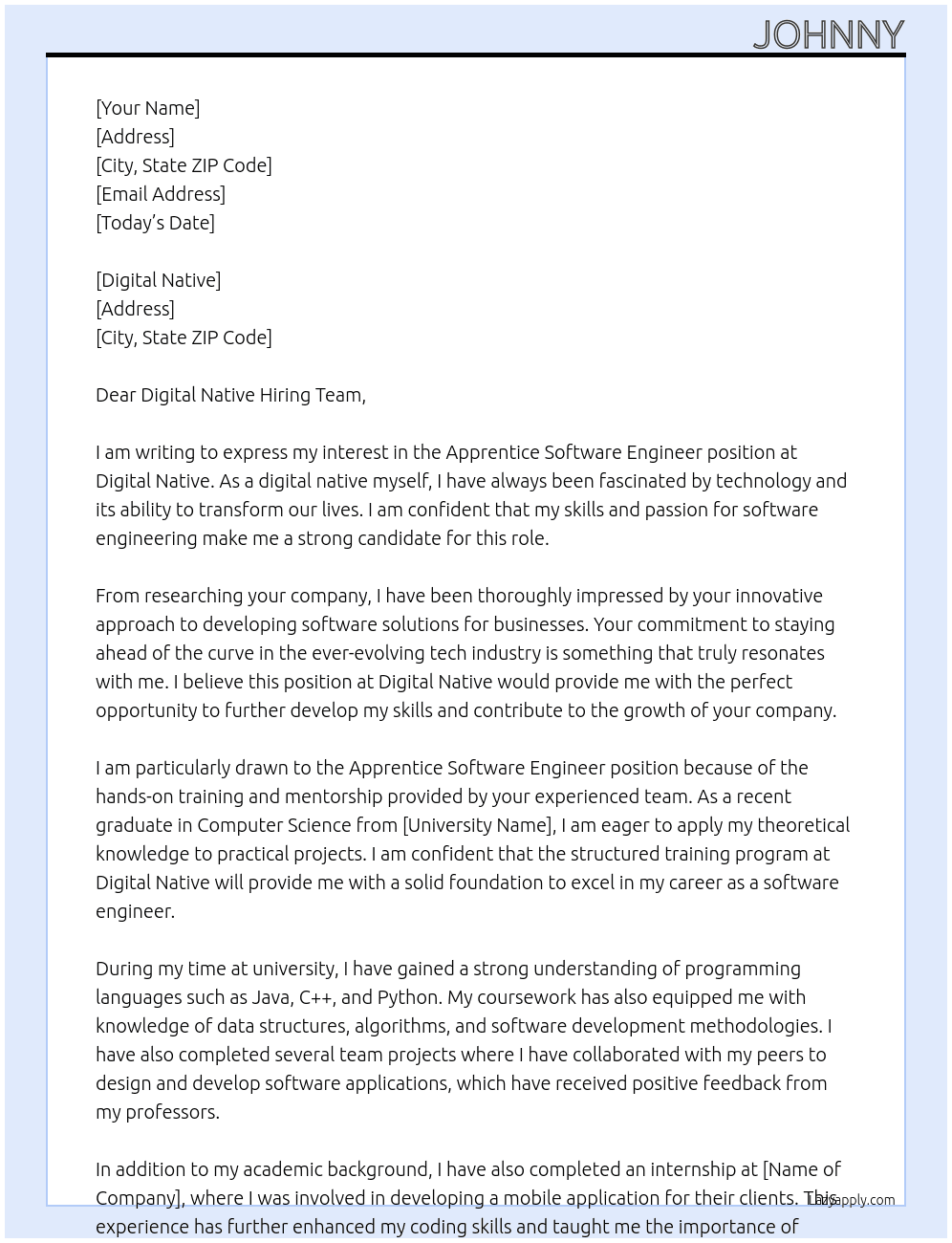 Apprentice software engineer At Digital Native Cover Letter
