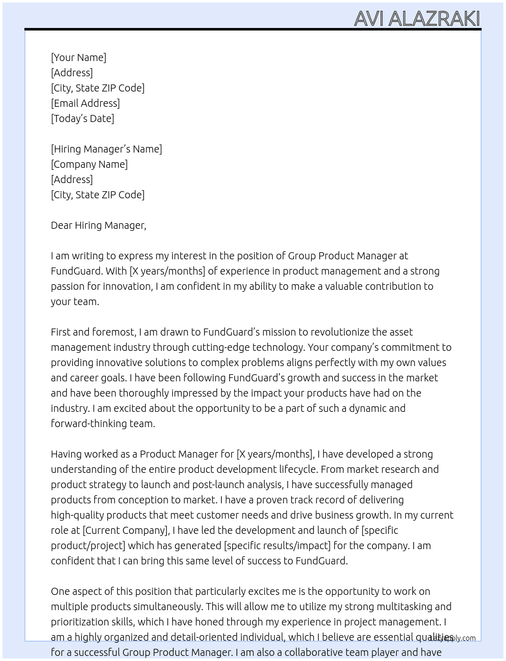 Group Product Manager At FundGuard Cover Letter