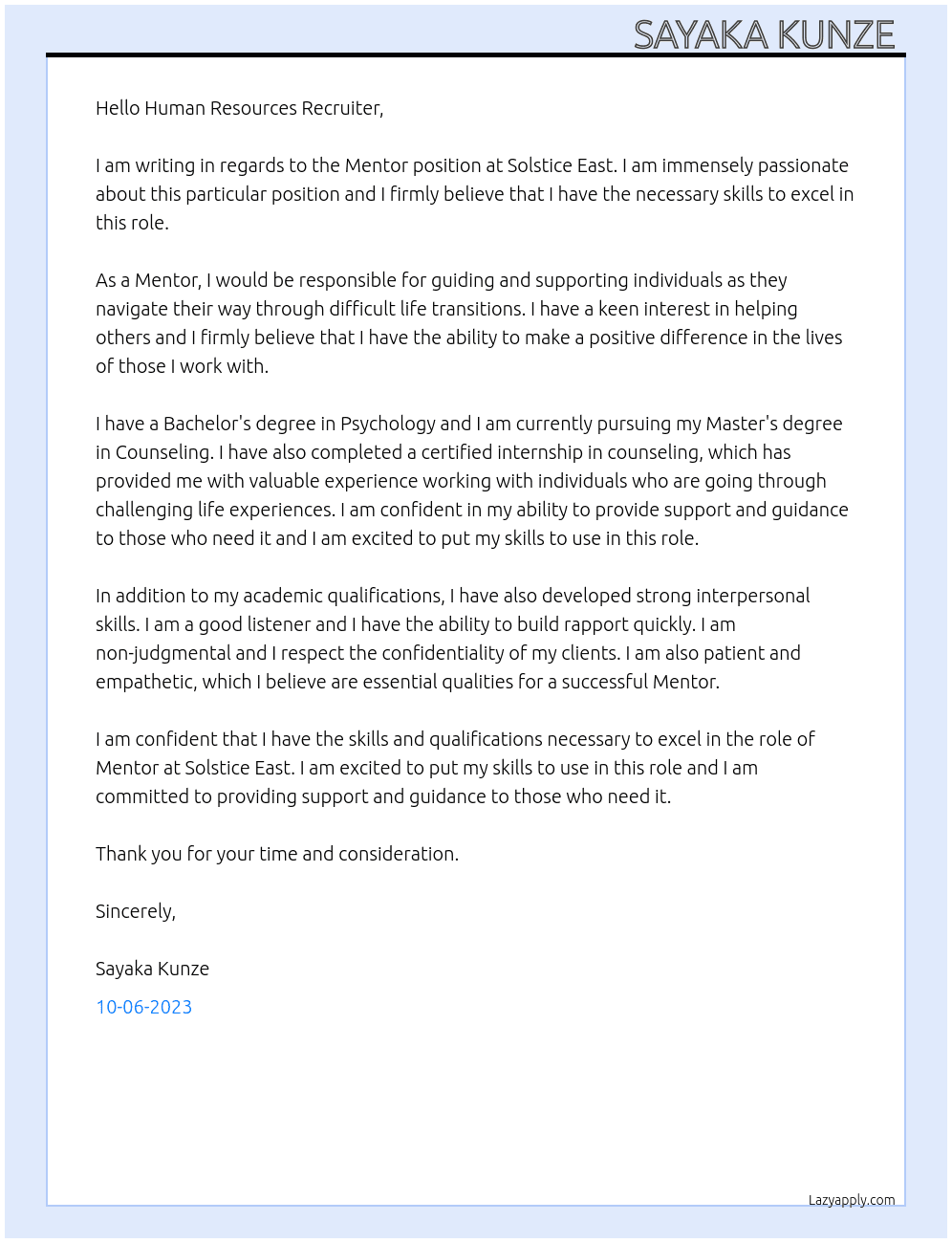 Mentor  At Solstice East  Cover Letter
