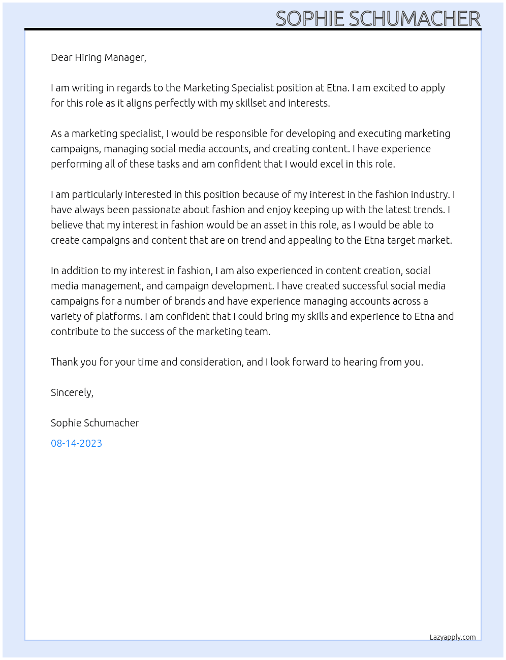 Marketing Specialist At Etna Cover Letter