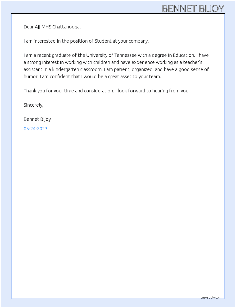 Student At Ajj MHS Chattanooga  Cover Letter
