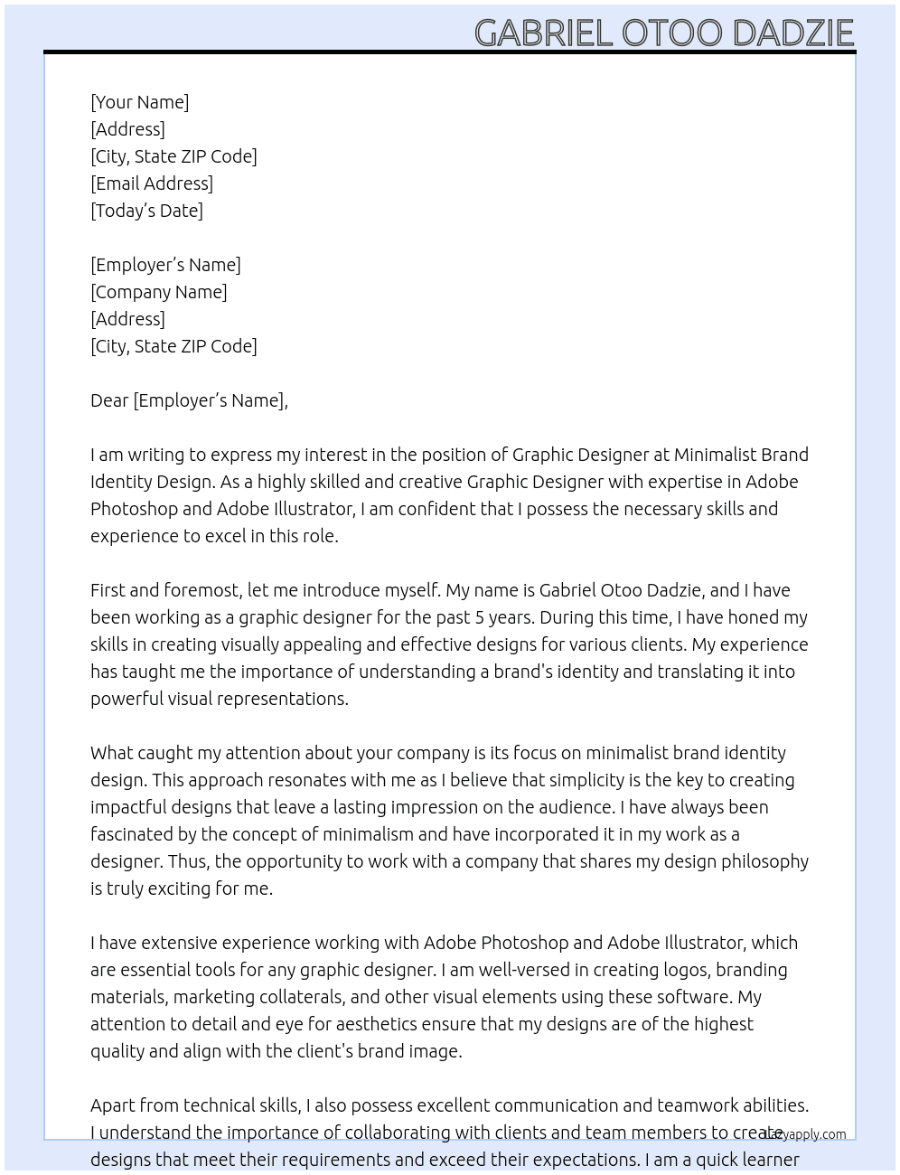 Graphic designer At Minimalist Brand Identity Design Cover Letter