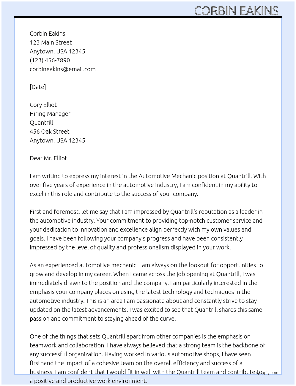 automotive mechanic At Quantrill Cover Letter