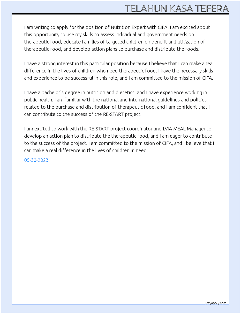 Nutrition Expert At CIFA Cover Letter