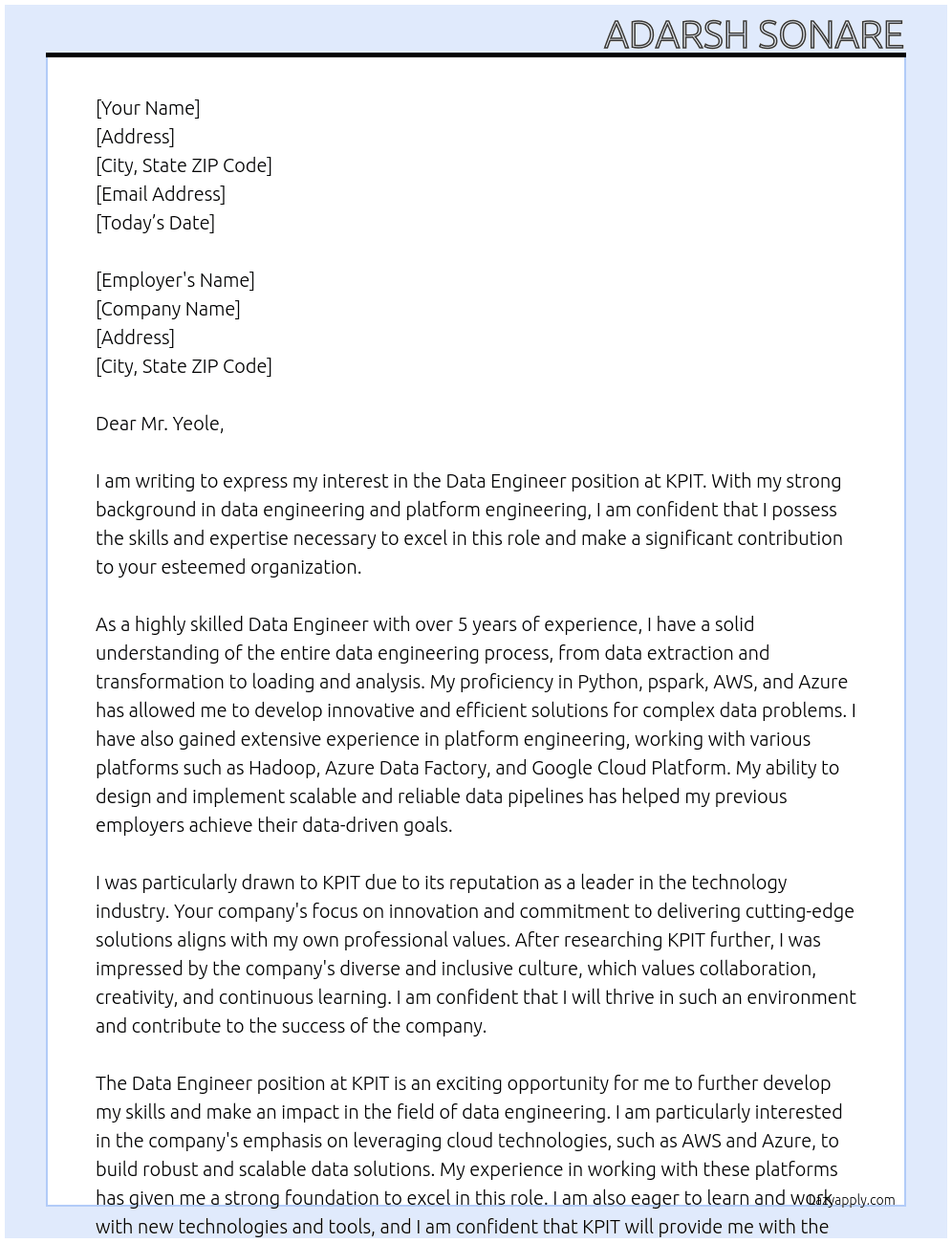 Data Engineer At KPIT Cover Letter