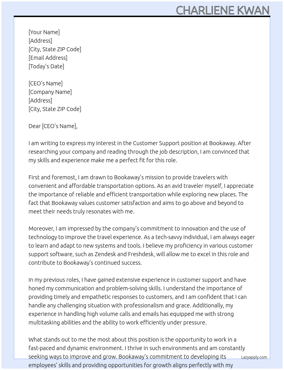 Customer support At Bookaway Cover Letter