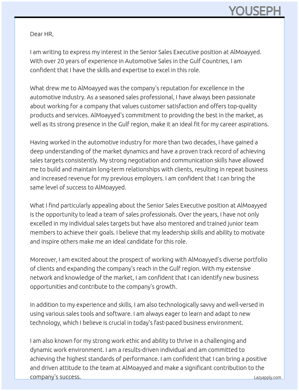 Senior Sales Executive At AlMoayyed Cover Letter