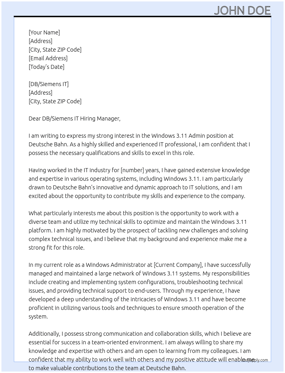 Windows 3.11 Admin At Deutsche Bahn Cover Letter