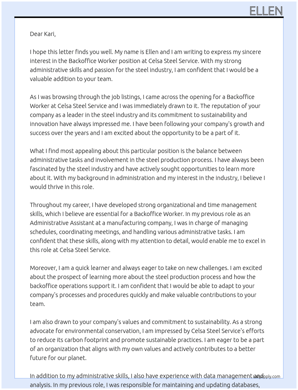 backoffice worker At Celsa steel service Cover Letter