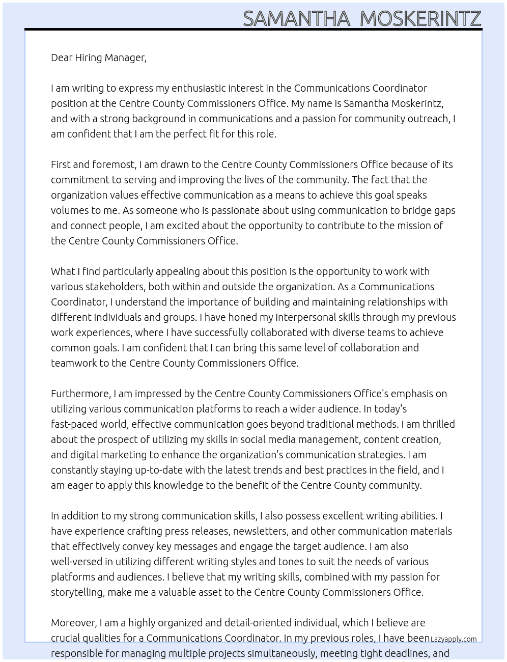 Communications Coordinator At Centre County Commissioners Office Cover Letter