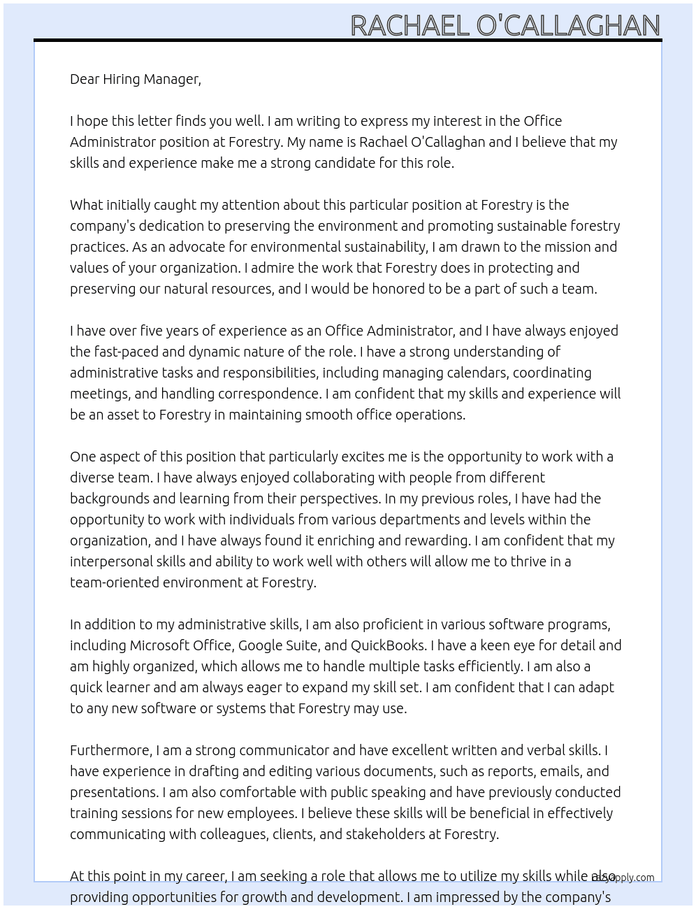 Office Administrator At Forestry Cover Letter