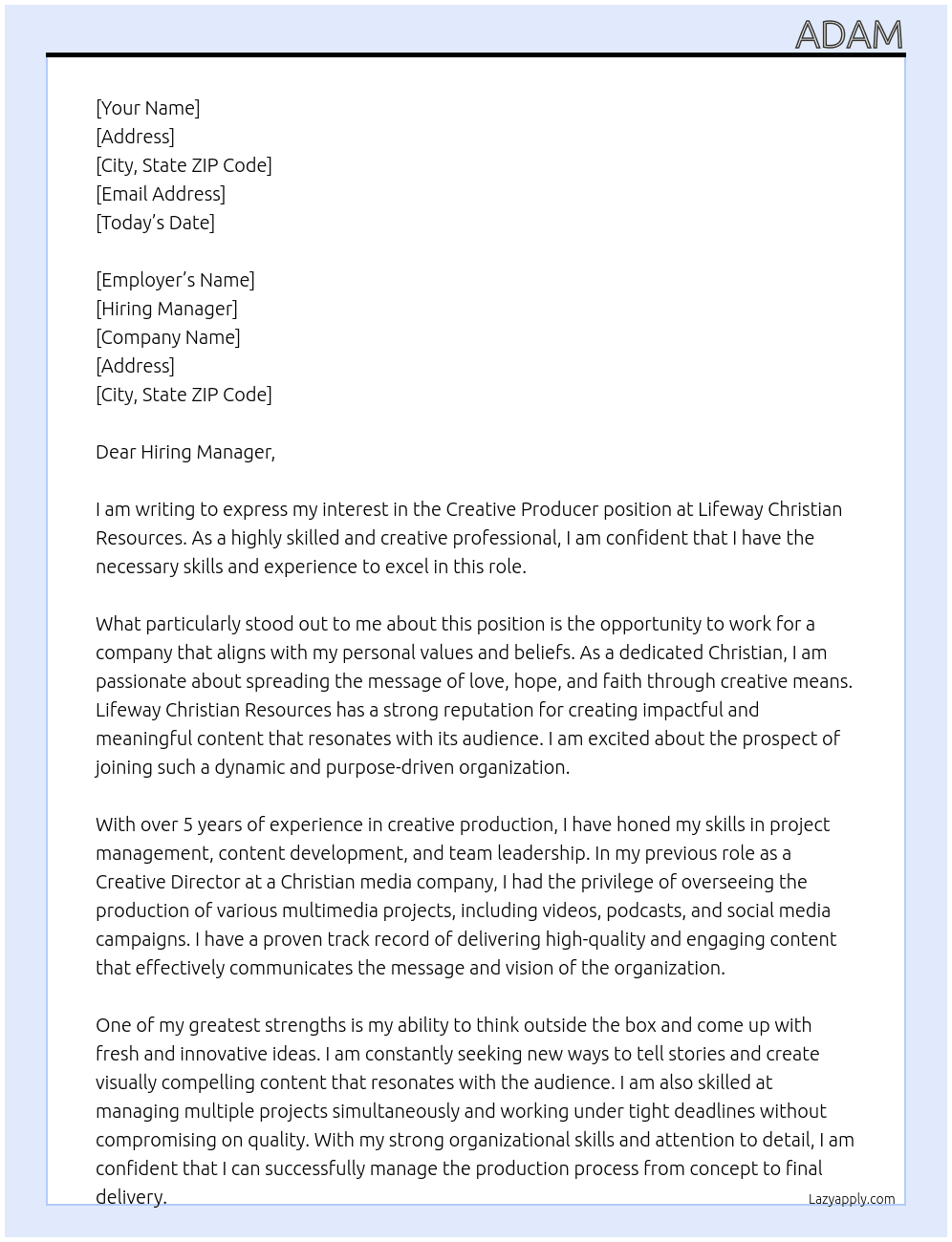 Creative Producer At Lifeway Christian Resources Cover Letter