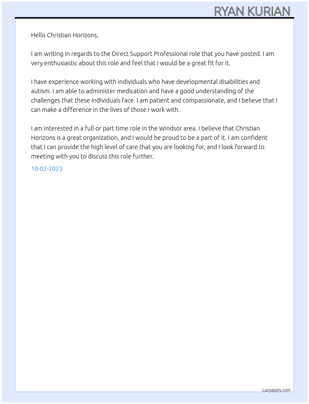 Direct support professional  At Christian Horizions Cover Letter