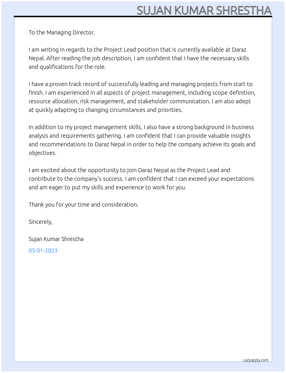 Project Lead At Daraz Nepal Cover Letter