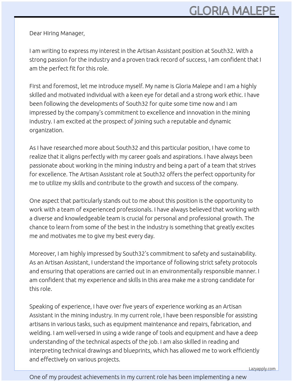 Artisan assistant  At South32 Cover Letter