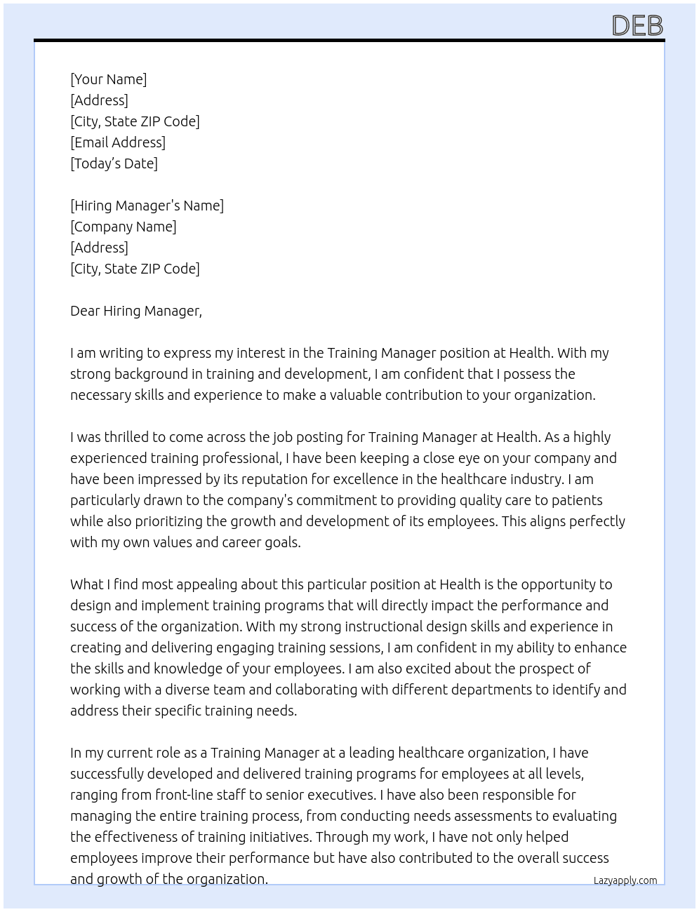 Training Manager At Health Cover Letter