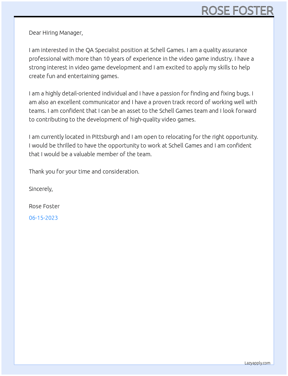QA Specialist At Schell Games Cover Letter