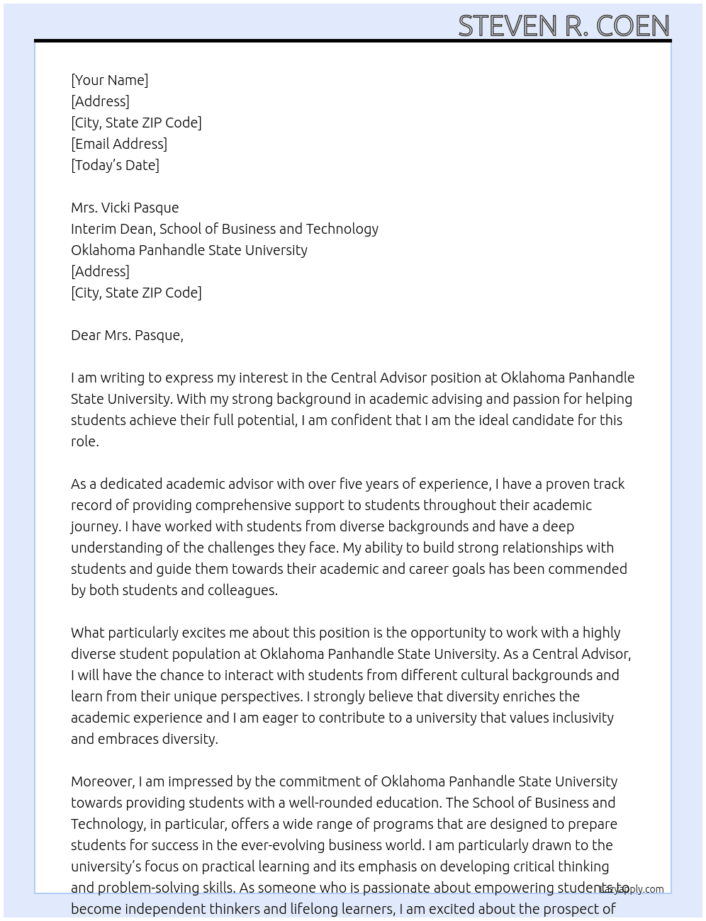 Central Advisor At Oklahoma Panhandle State University Cover Letter