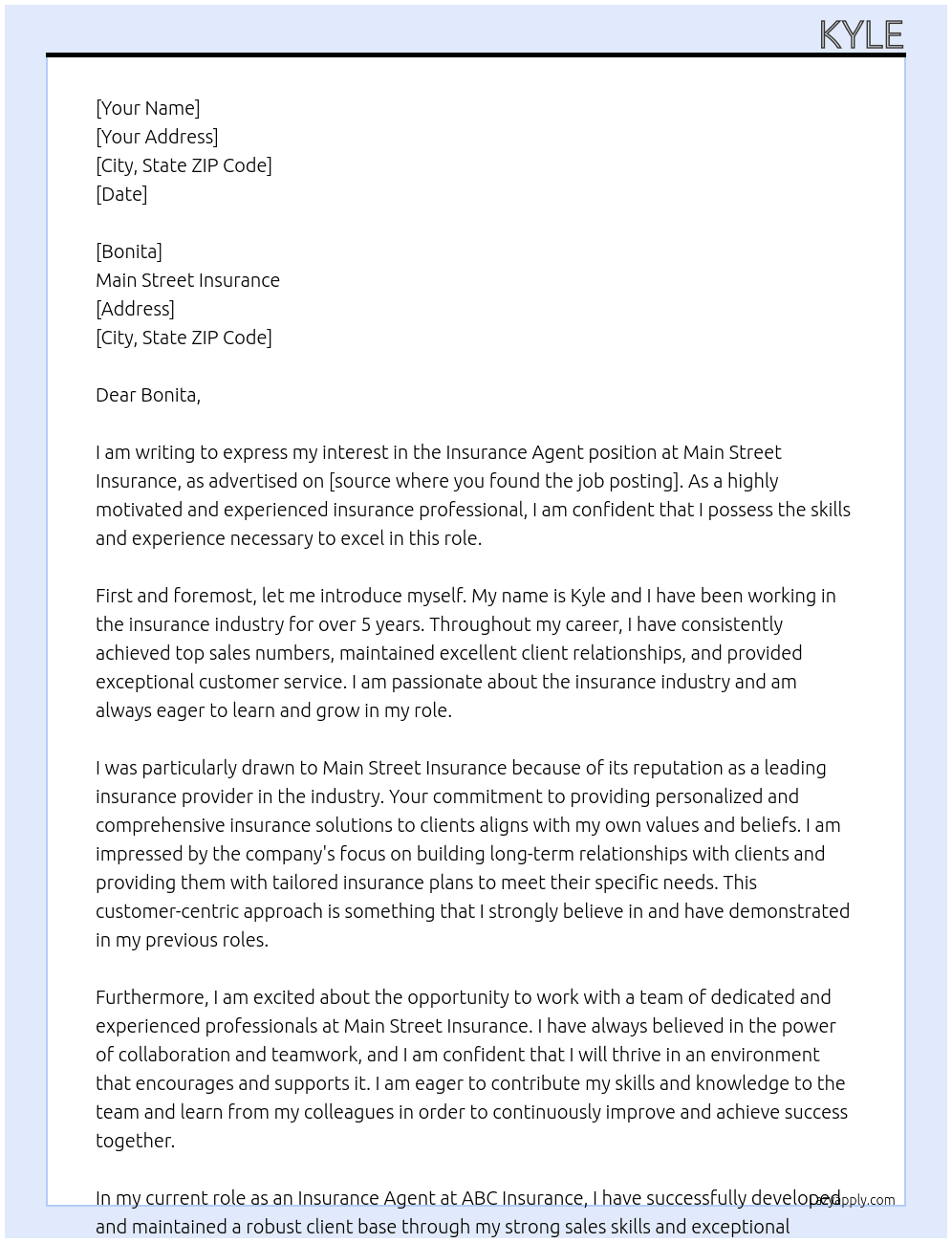 Insurance Agent At Main Street Insurance Cover Letter