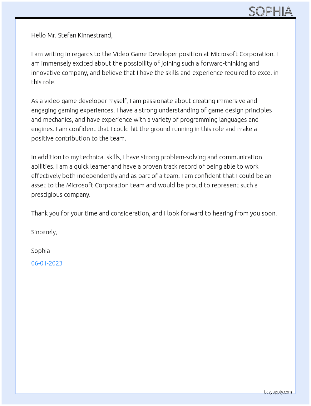 Video Game Developer  At Microsoft Corporation  Cover Letter
