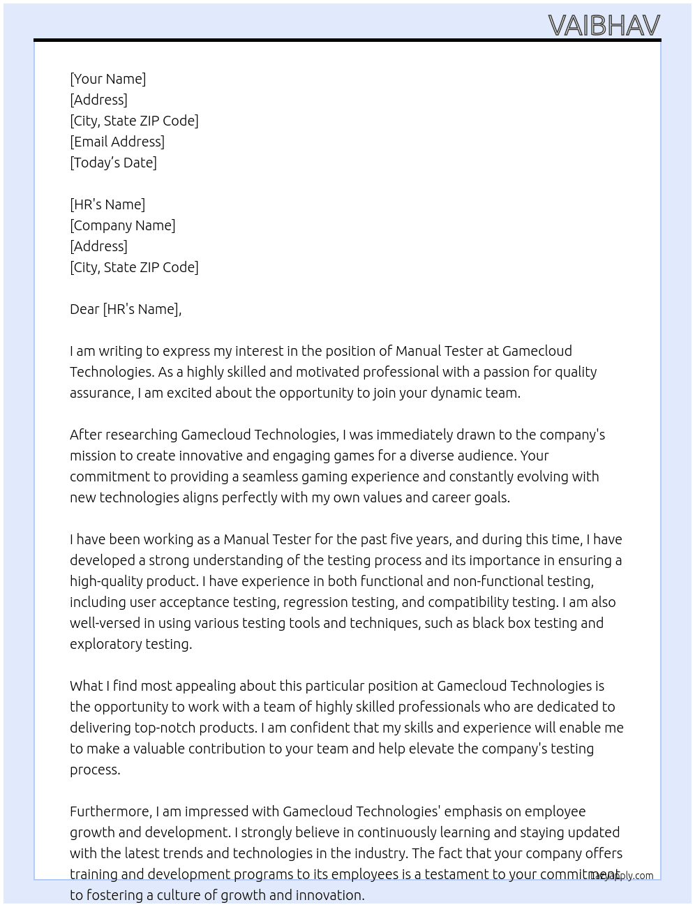 manual tester At gamecloud technologies Cover Letter