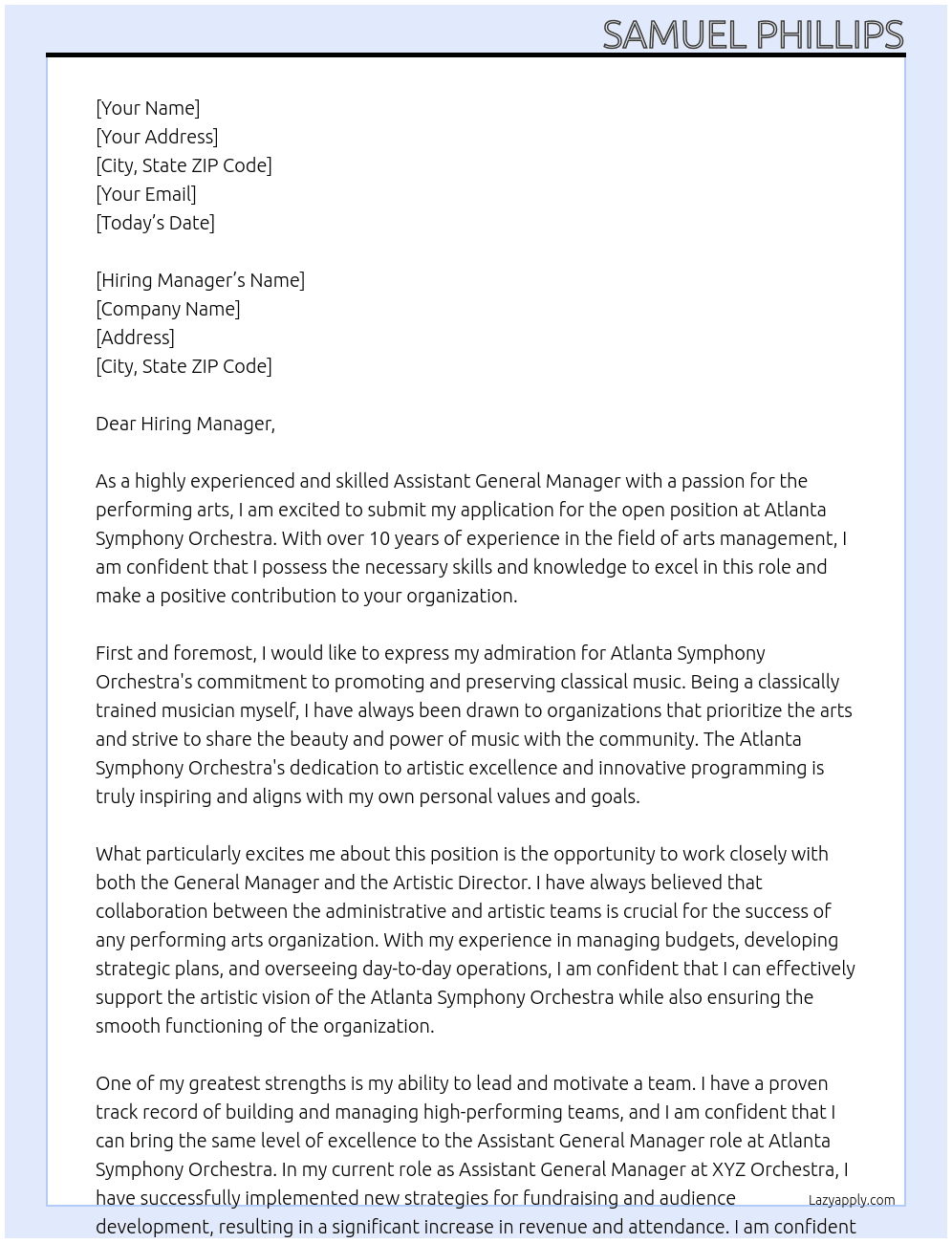 Assistant General Manager At Atlanta Symphony Orchestra Cover Letter