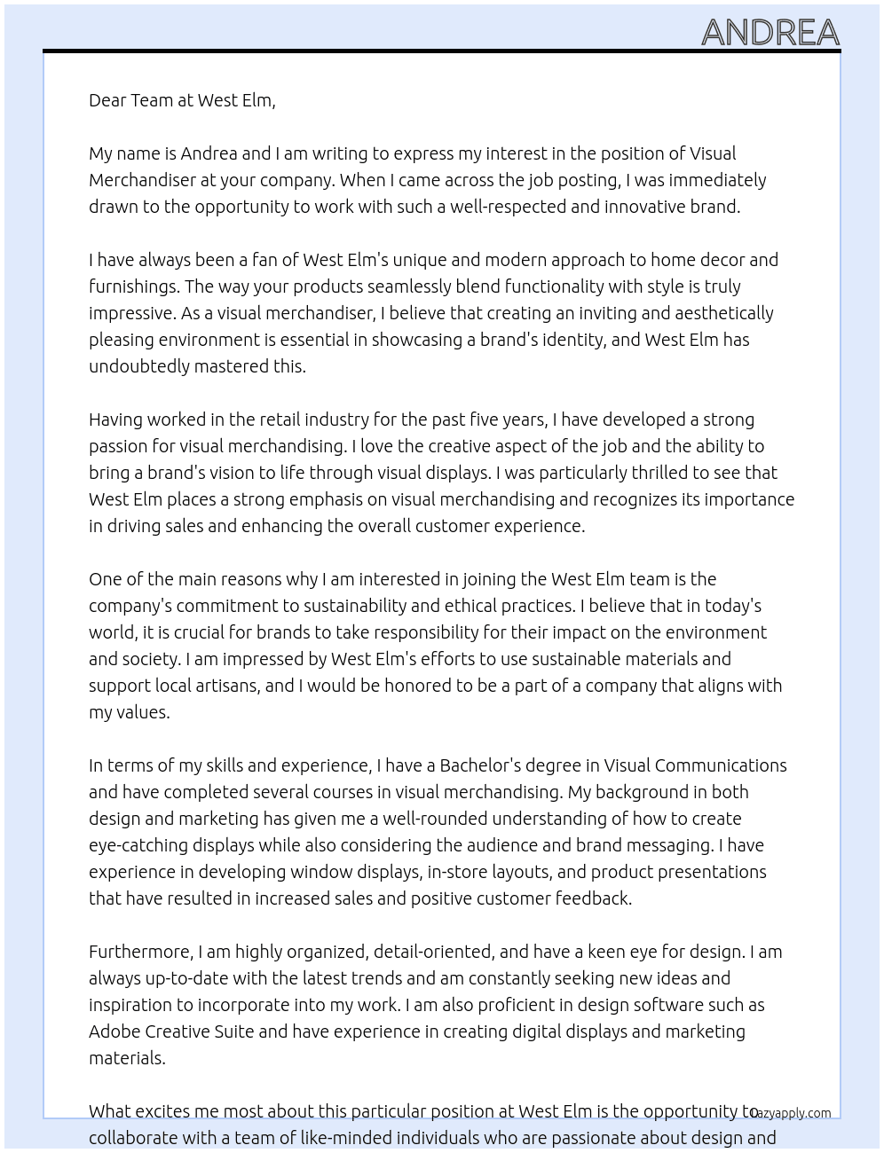 Visual Merchandiser  At West Elm Cover Letter