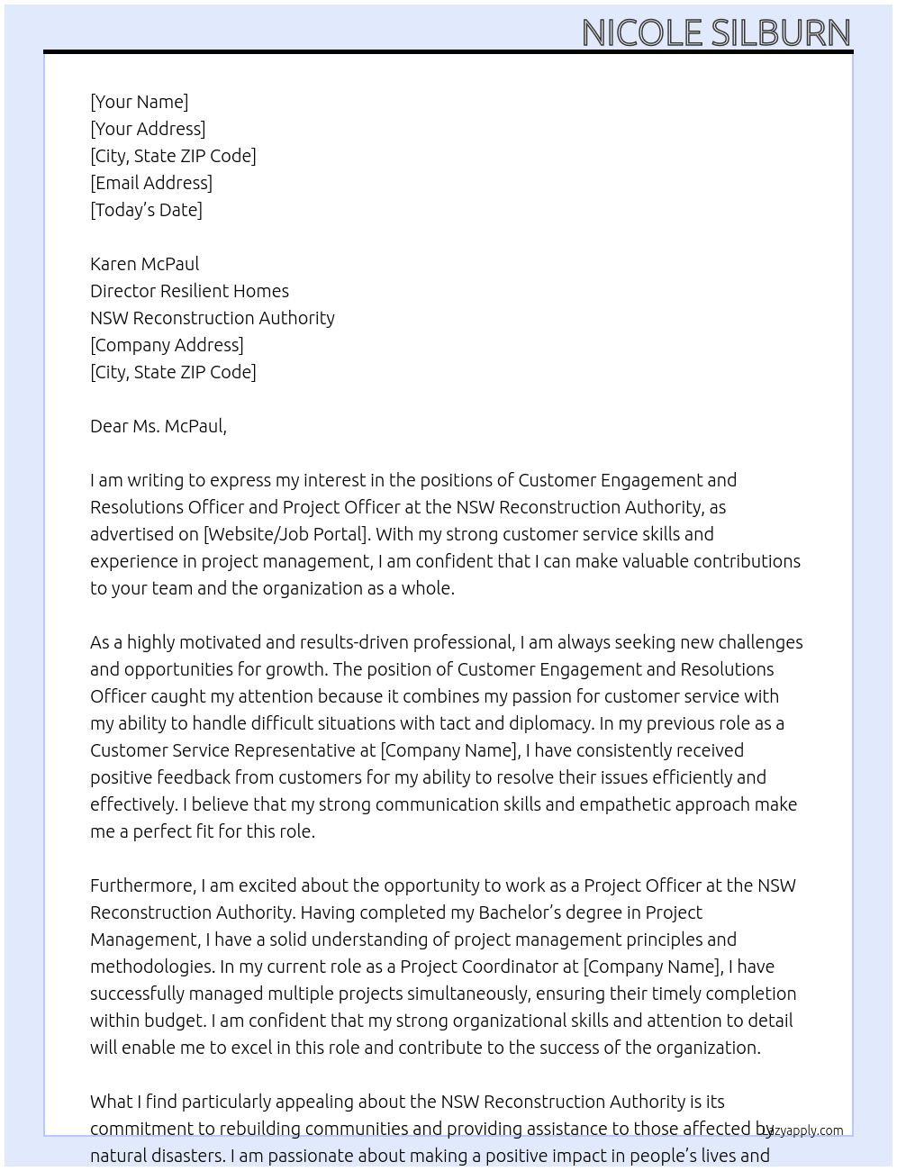 Customer Engagement and Resolutions Officer & Project Officer At NSW Reconstruction Authority Cover Letter