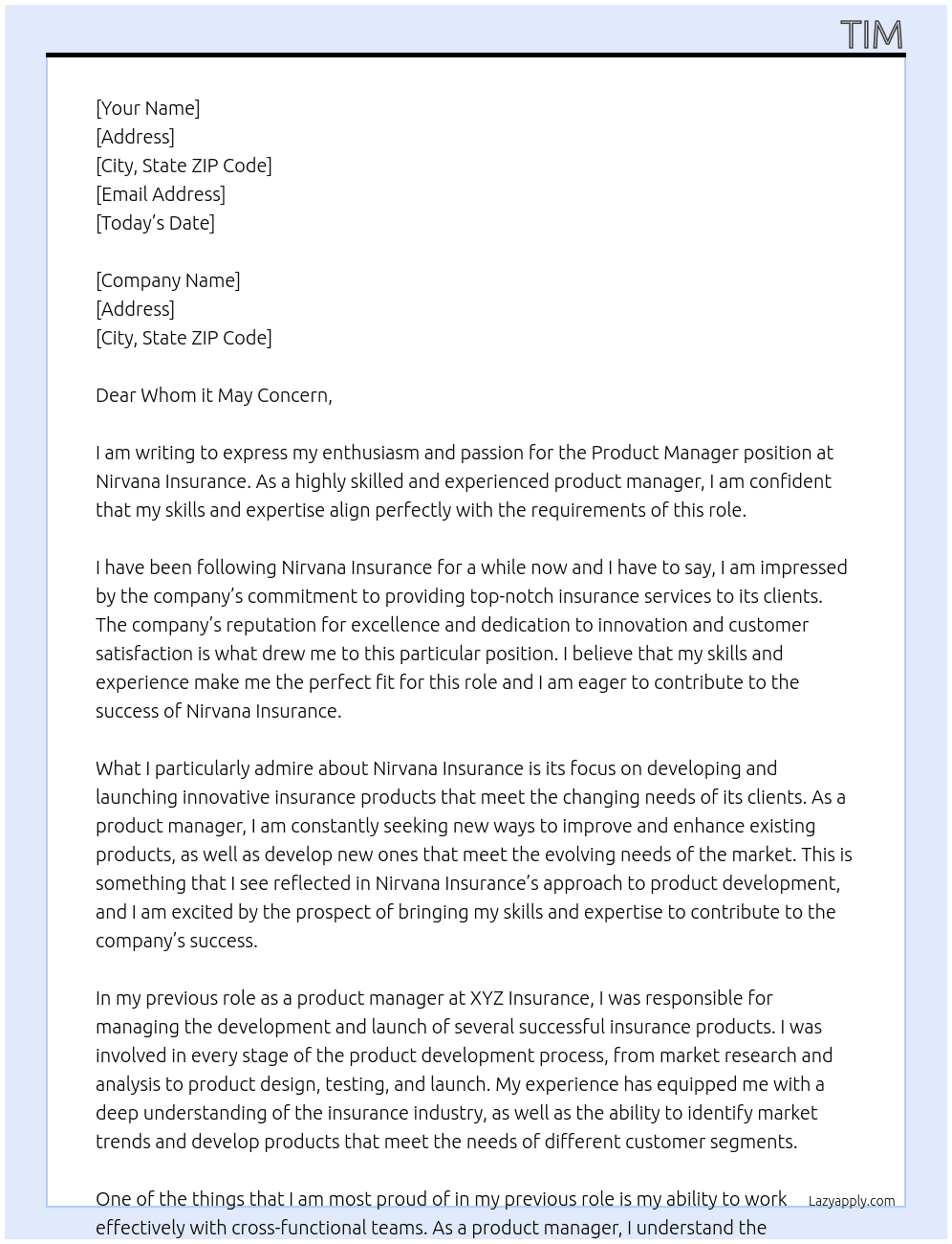 Product Manager At Nirvana Insurance Cover Letter