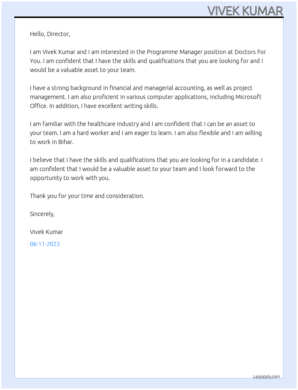 Programme Manager At Doctors for you Cover Letter