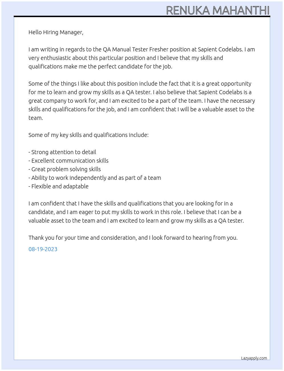 QA Manual Tester Fresher  At Sapient Codelabs  Cover Letter