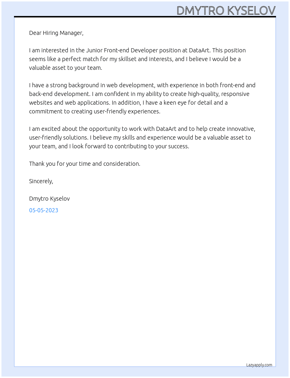Junior Front-end Developer At DataArt Cover Letter