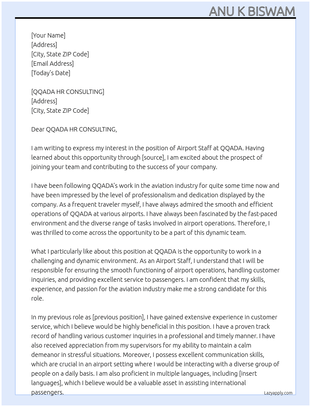 Airport staff At QQADA Cover Letter