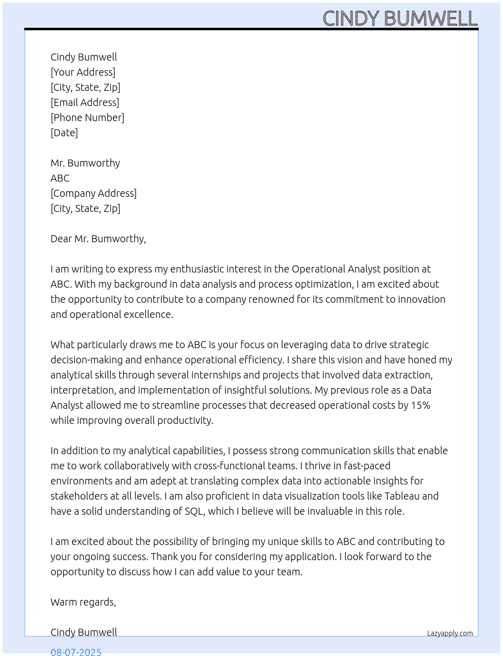 Cover letter for operational analyst - LazyApply