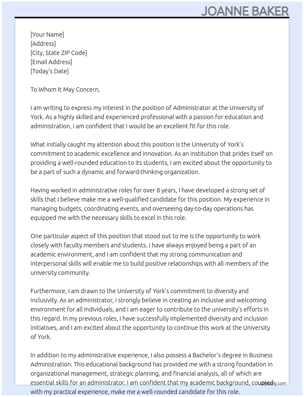 administrator At University of Yokr Cover Letter