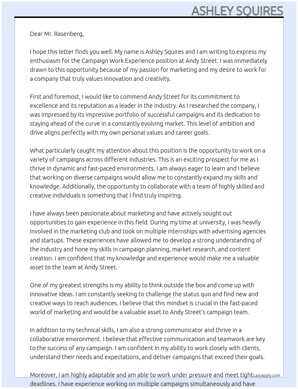 Campaign Work Experience At Andy Street Cover Letter