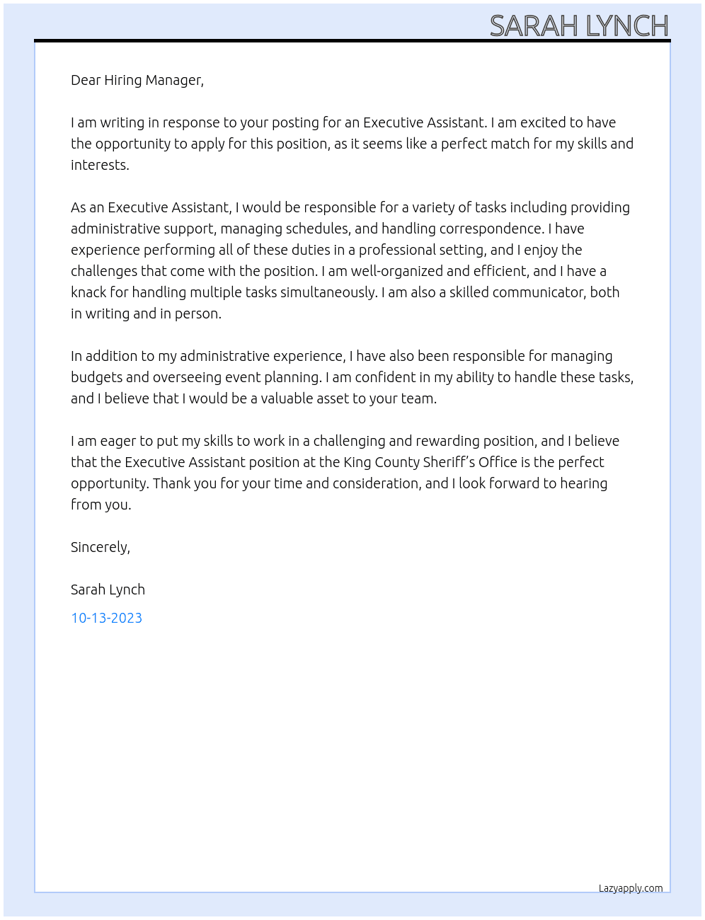 Executive Assistant At King County Sheriff’s Office Cover Letter
