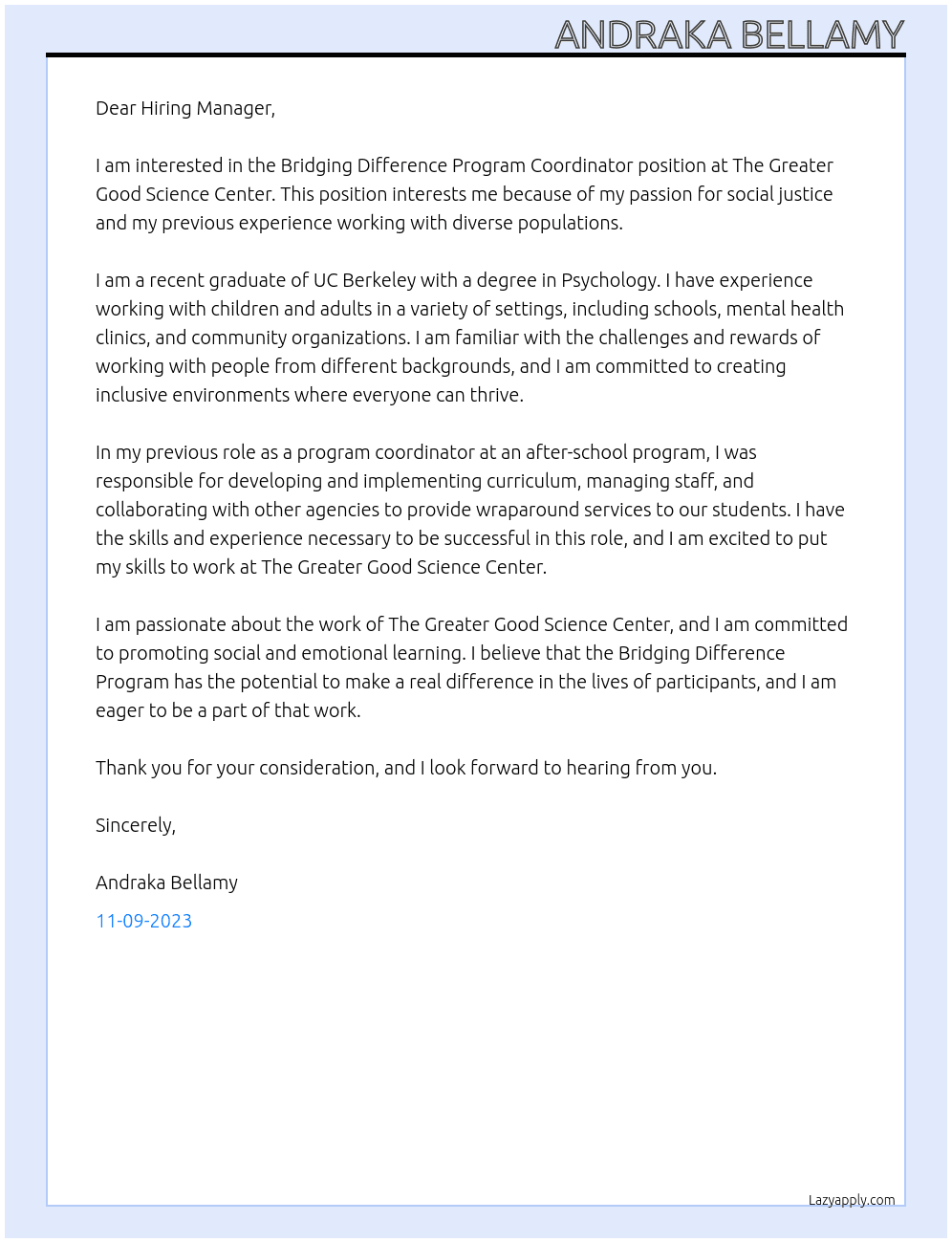 Bridging Difference Program Coordinator At The Greater Good Science Center Cover Letter