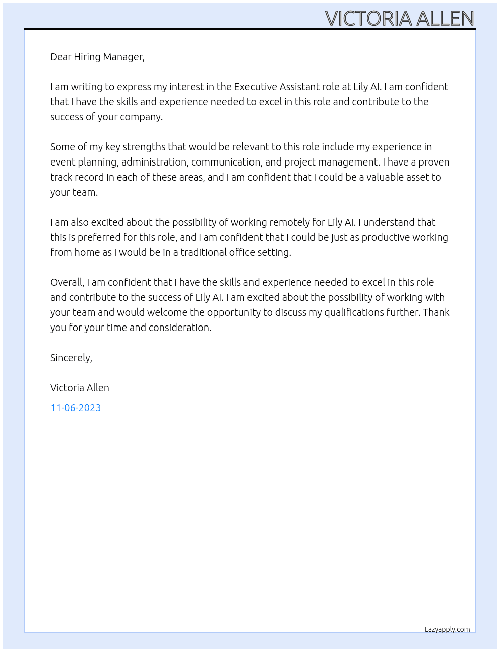 Executive Assistant At Lily AI Cover Letter