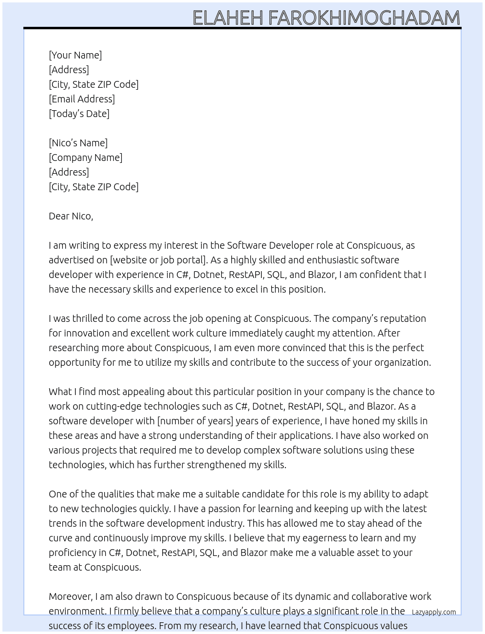 Software Developer At Conspicuous Cover Letter